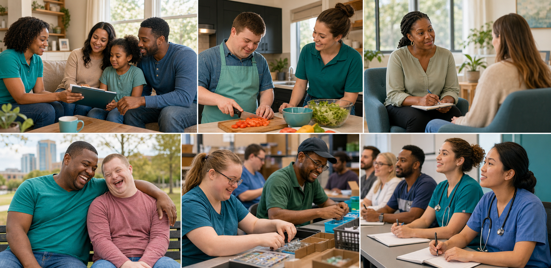 Collage of AcuityCare services: case management, daily living skills, behavioral health, community participation, supported employment, and workforce training
